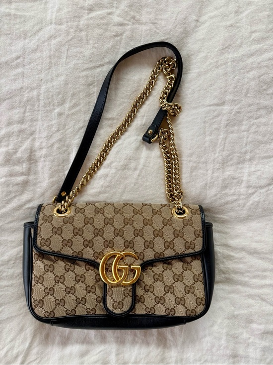 Gucci Handbags - Gucci Beige GG Supreme Monogram Shoulder Bag with Black Trim